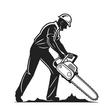 Skilled arborist or logger using a heavy-duty chainsaw to cut wood. Dynamic black and white vector silhouette illustrating forestry work and tree felling