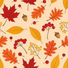 Obraz premium Fall foliage seamless pattern background with maple leaves, oak leaves and acorns