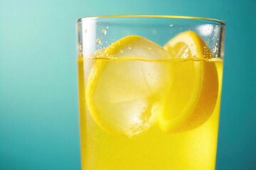 Close-up of a glass of chilled bitter lemon soda, ice cubes clinking, condensation on the glass, bright citrus yellow hue , ice cubes, drinkware