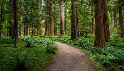 winding dirt path through lush dense forest with tall evergreen trees and vibrant green foliage creating a serene natural landscape