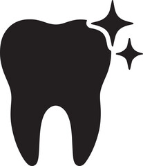 Black silhouette of tooth with sparkle stars, perfect for dental, clean, and oral care designs.