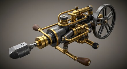 Detailed Metallic Steampunk Device with Gears on Gray Background
