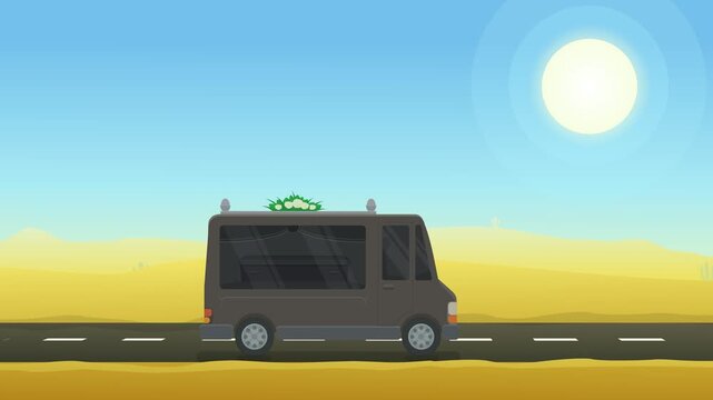 Side view animation loop of a hearse van driving in a sandy desert under a blue sky with a blazing sun (flat design)