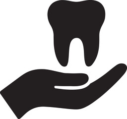Black silhouette of tooth in hand, representing dental care and protection, ideal for oral health designs.