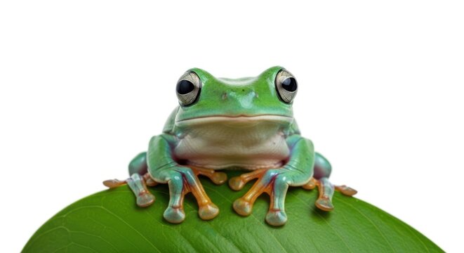Closeup of a green tree frog on a leaf isolated on white background, showcasing its vibrant colors