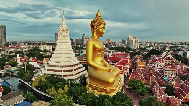 Aerial view of giant Buddha statue in Wat Paknam Phasi Charoen in Bangkok, Thailand.