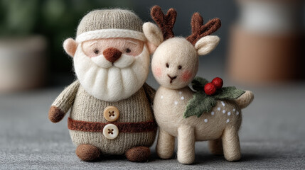 Fototapeta premium Adorable Christmas plush toy featuring a cozy Santa and cute reindeer with festive holiday decor, perfect seasonal gift and charming decoration for winter celebrations