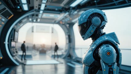 Fototapeta premium Futuristic Robot in a High-Tech Interior Space with Silhouettes of People in the Background