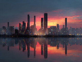 Fototapeta premium Futuristic cityscape at sunset with reflections digital artwork