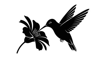 Silhouette of a hummingbird feeding from a stylized flower.