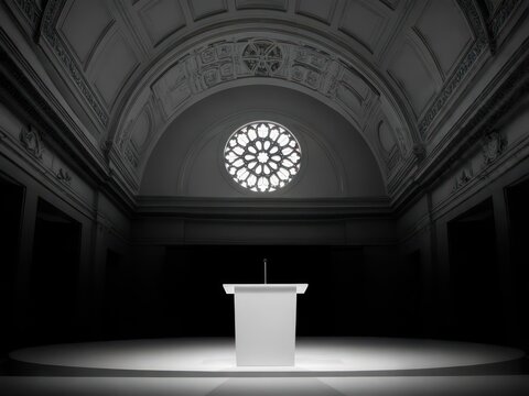 Serene church interior, spotlighting an empty pulpit beneath a rose window.