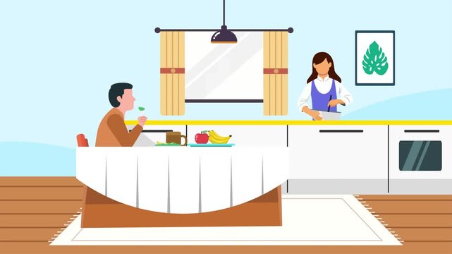 Animated video of a couple having a relaxing breakfast at a modern dining table. Breakfast concept. Full length animated illustrations. High quality 4k footage