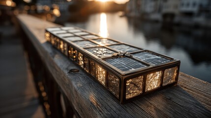 Symbolic representation of solar power with mini panels arranged on wooden rail in golden light.