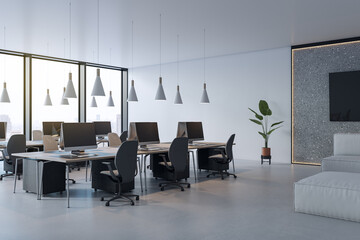 Modern spacious office interior with large desks, ergonomic chairs, pendant lights, and city view through glass windows in daytime setting. 3D Rendering