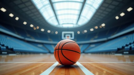 Orange basketball on polished wooden court in stadium image