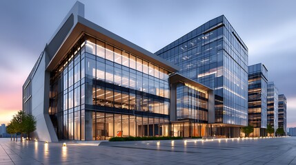Obraz premium Sleek Modern Office Building with Glass Facade and Illuminated Entrance at Dusk in an Urban Setting