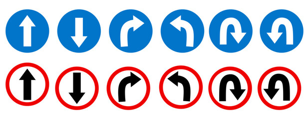 U turn left and right black arrow sign direction icon set. Go straight, this way, one way only U turn, left and right arrow. Along with prohibition icons for straight ahead, right and left turns. © Linda
