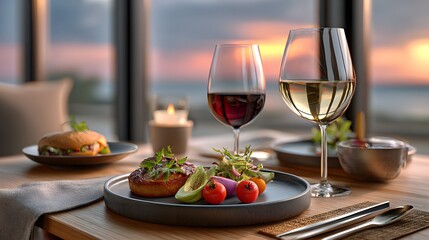 Elegant Dinner Setting with Wine Glasses and Gourmet Meal at Sunset Overlooking the Water