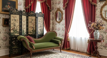 Elegant Vintage Room with Green Chaise Lounge and Red Curtains.