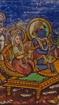 Frescoes On Wall Of Hanuman Temple In Jaipur, India. Close-up View On Scene Has Rama And Sita On Throne, As Hanuman Kneels And Supports Lord Ramas Right Foot. Monkey-like Deity, Son Of Wind God Vayu