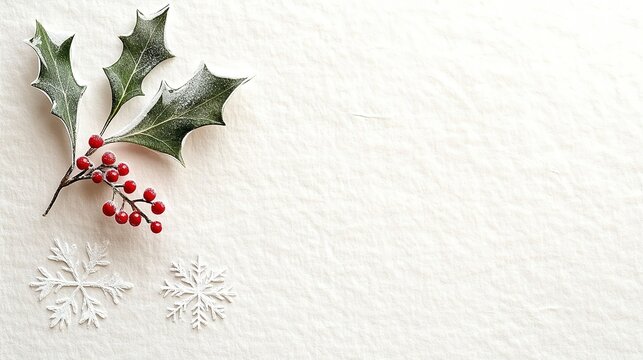 Minimalist Winter Sprig of Holly with Red Berries and Snowflake on Textured Watercolor Paper, Ample Clean Space for Text and Design