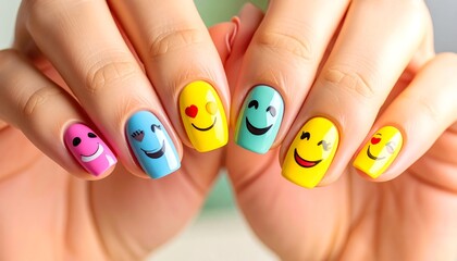 Naklejka premium Colorful Smiley Face Nail Art on Woman's Fingernails Bright and Playful Design for Fun and Casual Style
