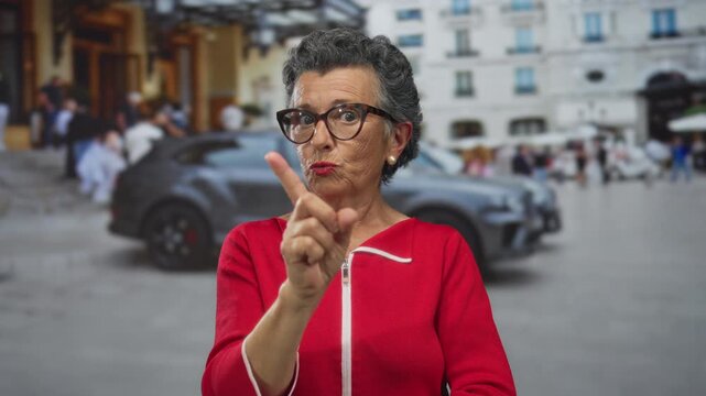 Senior woman with grey hair in red outfit gestures while standing in a busy urban street setting with cars and blurred people in the background.