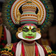 A close-up of a Kathakali dancer, with a green face, traditional makeup, and an ornate peacock-feather headdress.