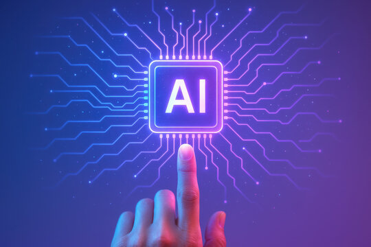 Artificial intelligence concept with finger touching glowing chip icon