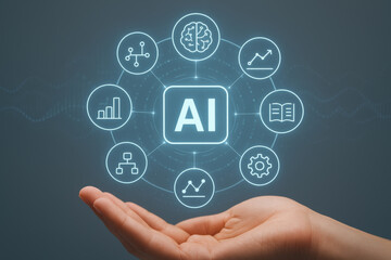 Artificial intelligence concept with hand and technology icons glowing in dark