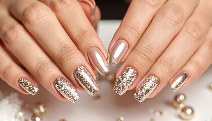 Elegant Gold Glitter Nail Polish on Well-groomed Hands in Close-up