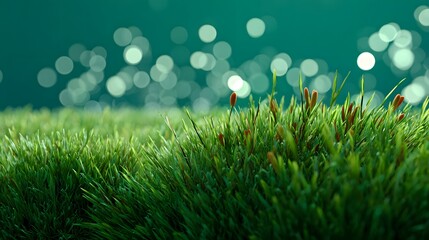 Obraz premium Closeup of Lush Green Grass with Bokeh Background and Sparkling Water Surface in Nature