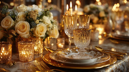 Elegant wedding reception table setup with luxurious floral arrangements, gold accents, candlelit ambiance, fine tableware, and sophisticated decor for upscale events