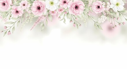 Elegant Soft Pastel Floral Border with Delicate White and Pink Blooms and Subtle Greenery Accents creating a Romantic Backdrop