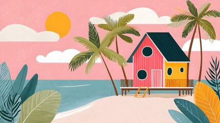Colorful Beach House Surrounded by Palm Trees Against a Pink Sunset Sky Over the Ocean