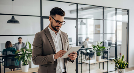 Focused businessman using digital tablet in modern office