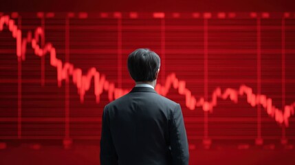 Business Professional Analyzing Market Trends Facing a Declining Stock Graph with Red Color Theme in a Modern Office Environment