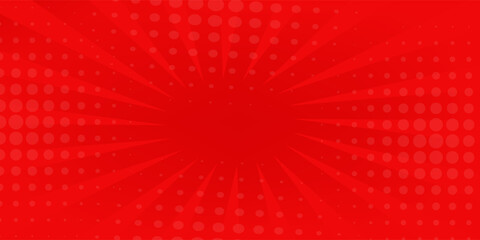 Fototapeta premium Red comic sunburst effect background with halftone. pop art comic-style vector background