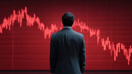 Businessman Analyzing Financial Data on Red Graph with Decline in Market Trends and Stock Performance in a Modern Office Environment
