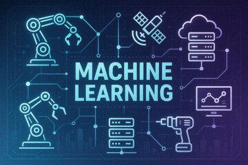 Machine learning concept with robotic arm, satellite, cloud server, and data analysis icons