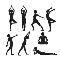 Silhouette of women in various yoga poses isolated on white background