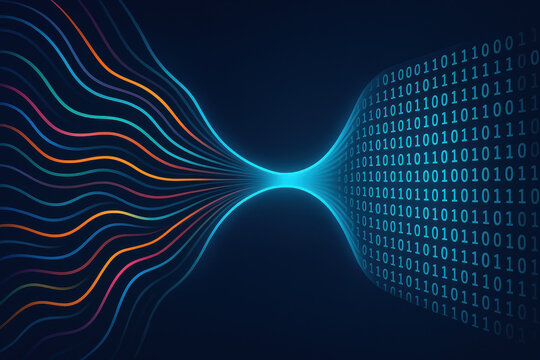 Data stream converging into binary code flow, symbolizing digital transformation and technology
