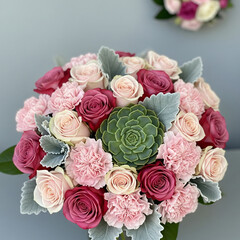 Fototapeta premium Pink and Red Floral Arrangement with Roses, Carnations, and a Green Succulent on a Gray Background