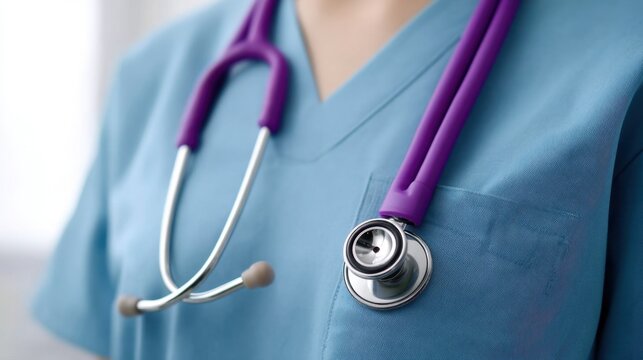 Professional healthcare attire featuring a stethoscope worn by a medical provider, symbolizing care and compassion in a clinical environment