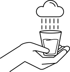 Hand holds glass collecting rain from cloud