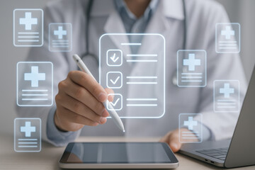 Medical checklist on digital tablet with doctor hand holding stylus pen for healthcare concept