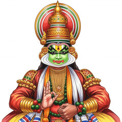 Fototapeta premium A male Kathakali dancer, wearing a detailed traditional costume with an ornate face mask and a jeweled headpiece.
