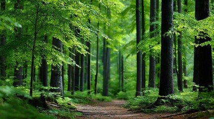 Obraz premium Lush Green Forest Surrounded by Towering Trees and a Serene Path in Natural Light