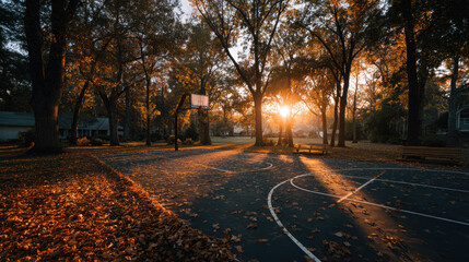 Fototapeta premium Beautiful autumn sunset over city park with vibrant fall foliage, warm sunlight filtering through trees, peaceful outdoor scene capturing seasonal tranquility