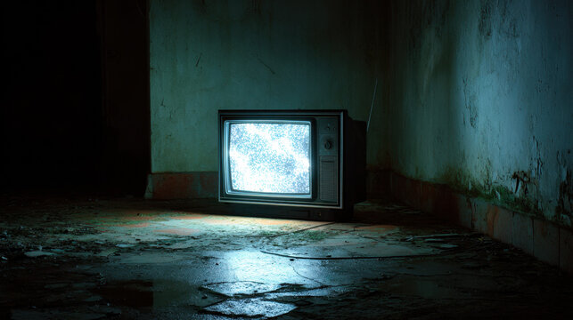 Glowing static on an old television in a decayed room with broken floor tiles and peeling paint creating a haunted eerie mood